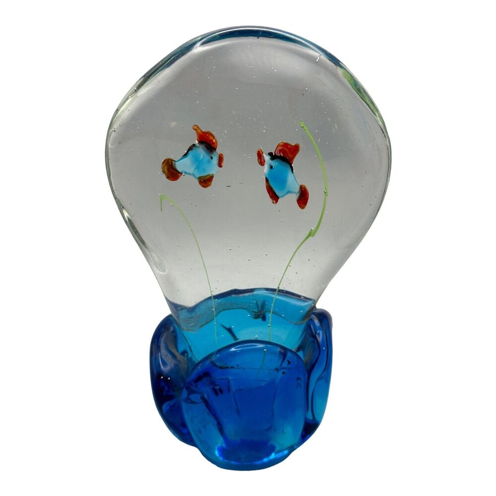 Art Glass Aquarium‎ Tropical Fish Pair Swimming Sculpture Paperweight 8" Vintage